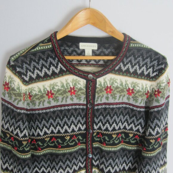 Appleseeds Womens Large Black Ivory Red Embroidered Floral Ramie Silk Cardigan - Picture 10 of 13